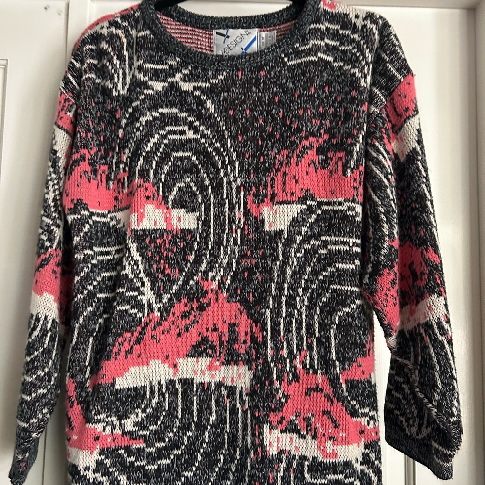 Abstract Patterned Black and Pink Sweater